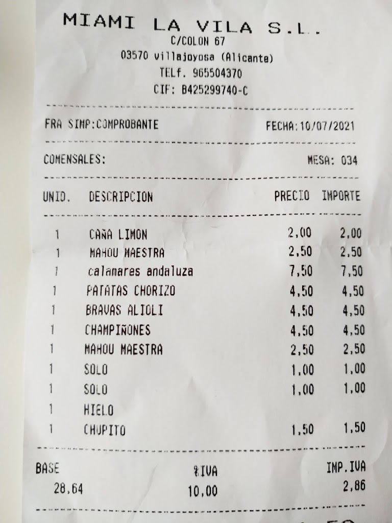 Cafeteria Miami — Carta