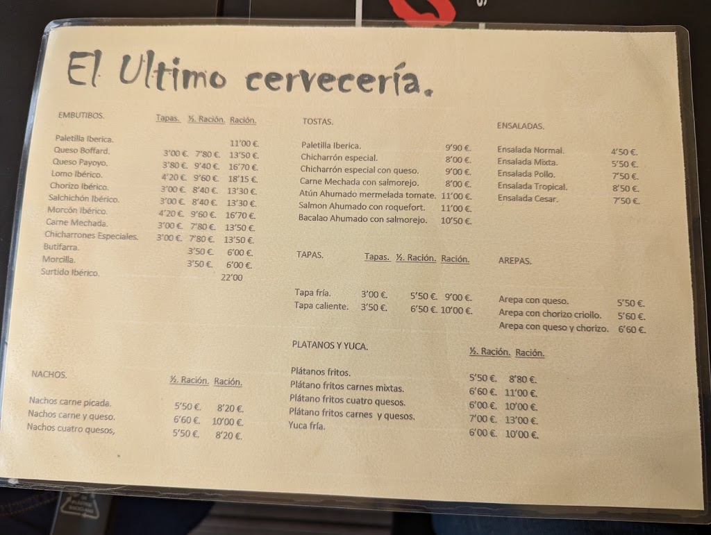 Bar "El Ultimo" — Carta