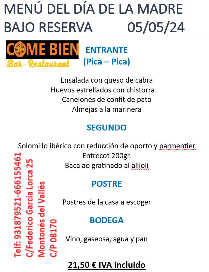 Bar Restaurante Come Bien — Carta