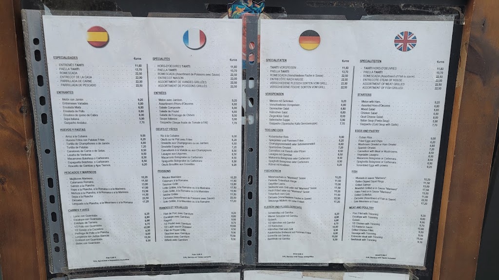 Restaurante Tahiti — Carta