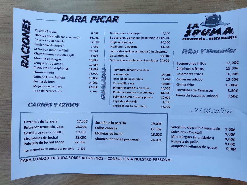Cerveceria Restaurante La Spuma — Carta