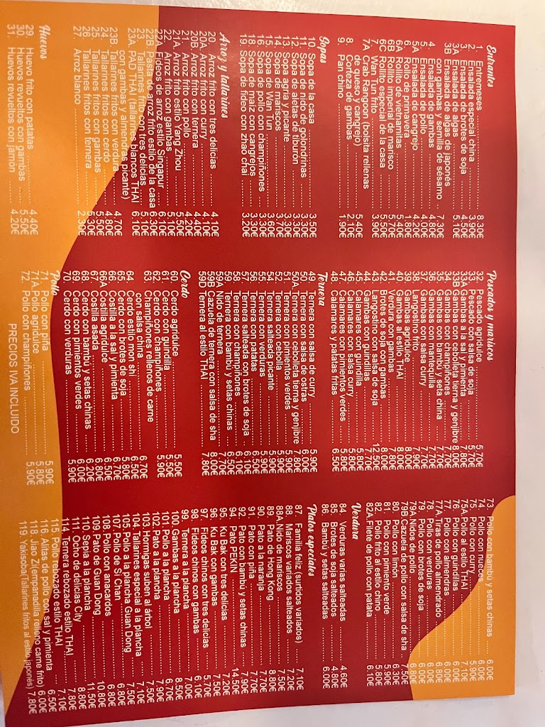 Restaurante China City — Carta
