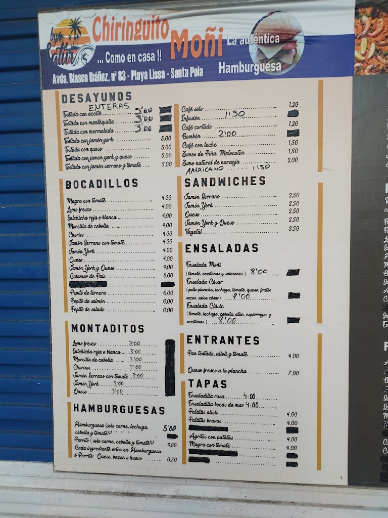 Chiringuito Moni Santa Pola — Carta