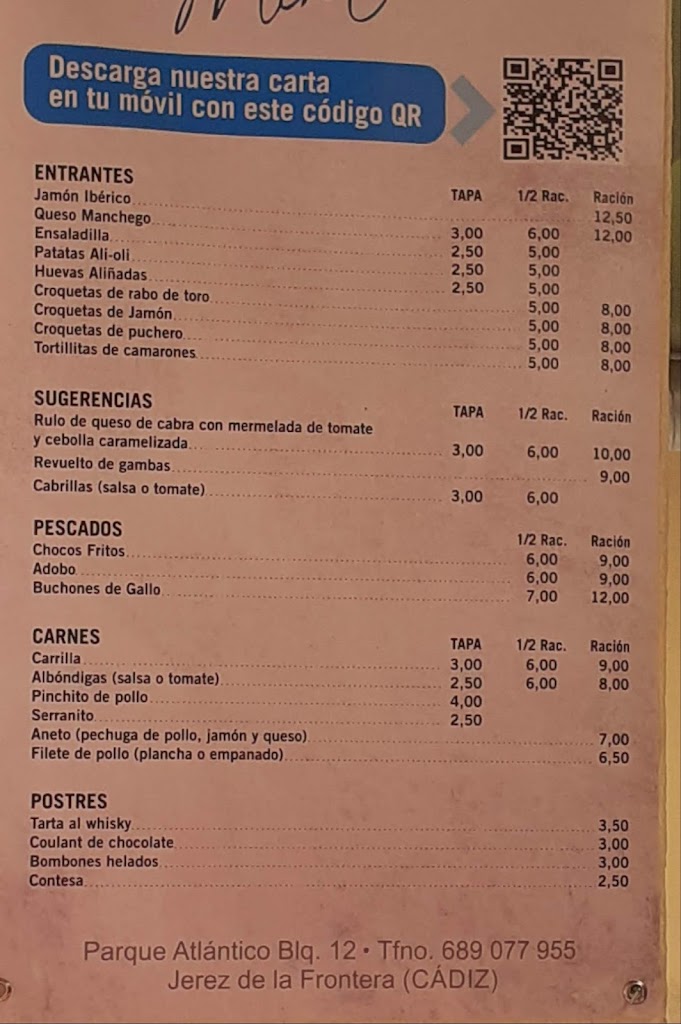 Bar restaurante El Mirador — Carta