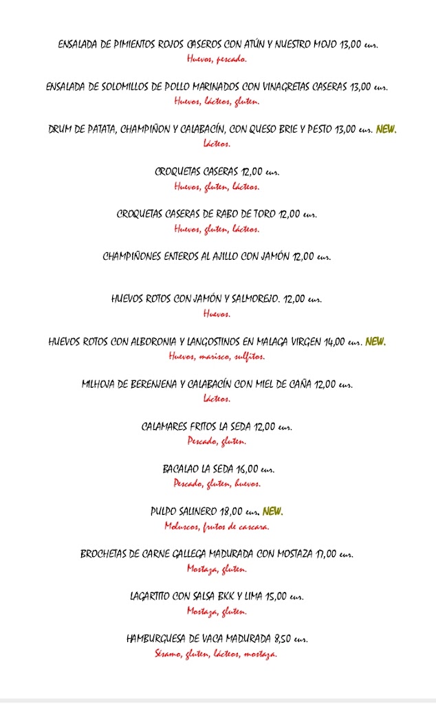 Restaurante La Seda — Carta