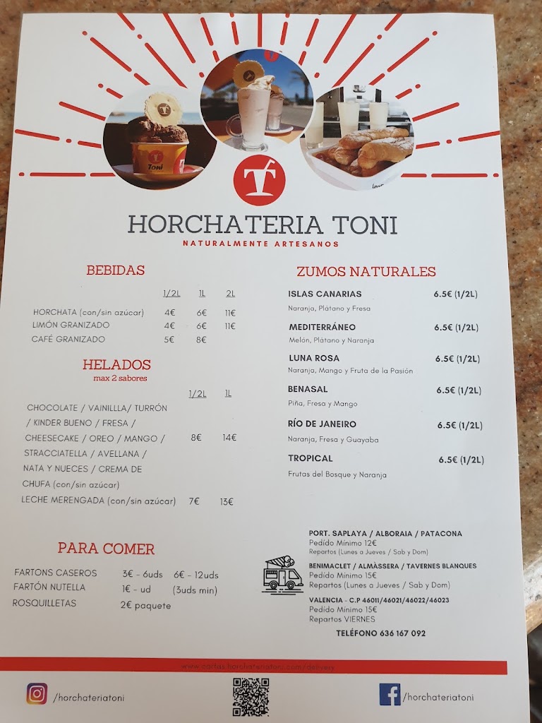 Horchateria Toni (Alboraya) — Carta