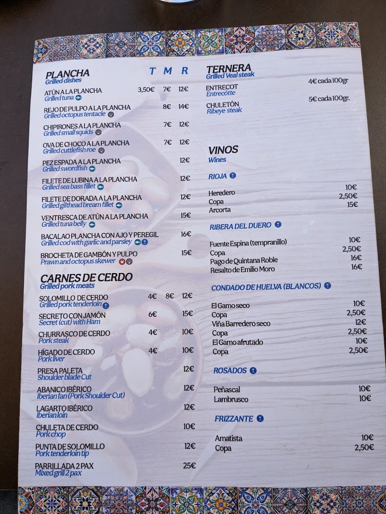 Restaurante La Nueva Espuela — Carta
