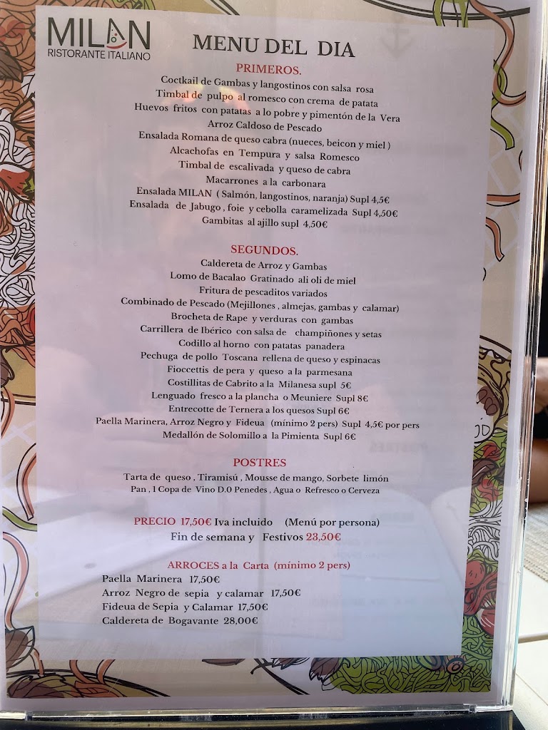 Restaurante Milan Calafell — Carta