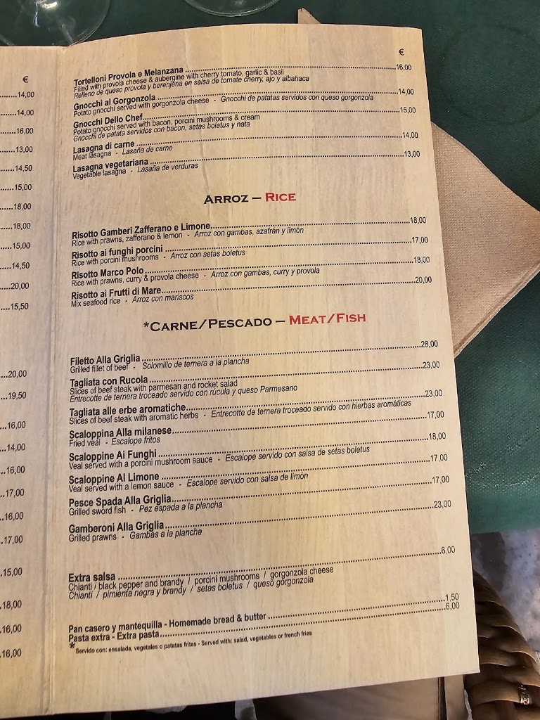 Restaurante El Rincon Toscano — Carta