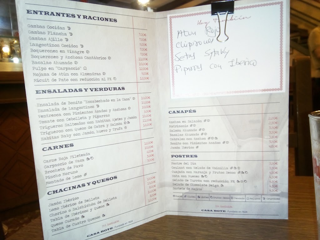 Bar Casa Bote — Carta