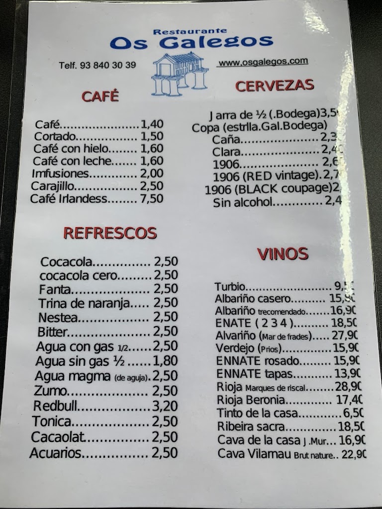 Restaurante Marisqueria Os Galegos — Carta