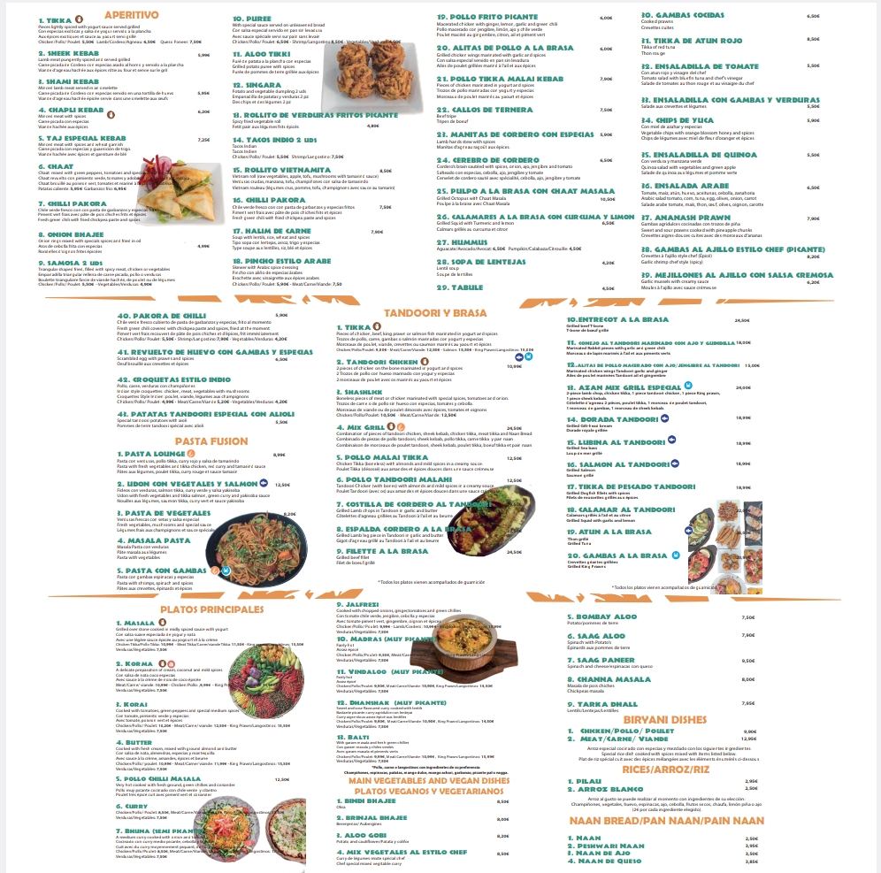 Taj Tandoori Torremolinos — Carta