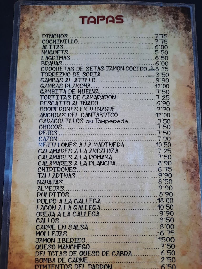 Bar restaurante Los Cazadores — Carta