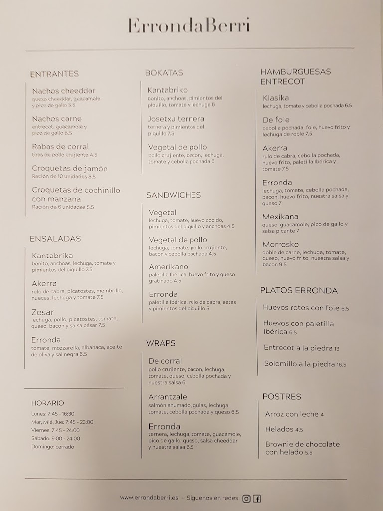 Bar restaurante Errondaberri — Carta