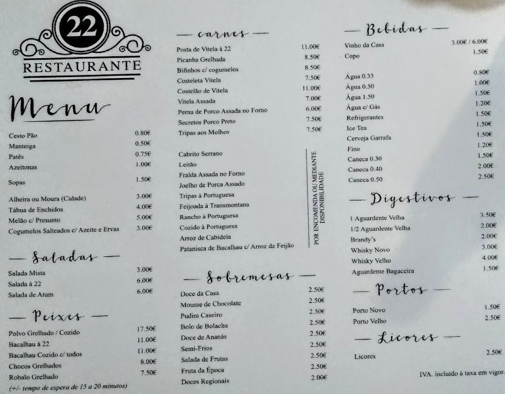 Restaurante 22 — Carta