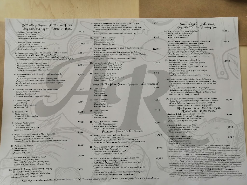Restaurante Agustin Y Rosa — Carta