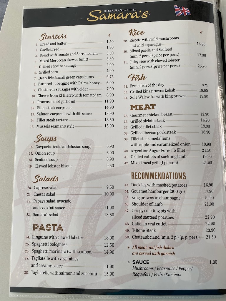 Restaurante & Grill Samara's — Carta