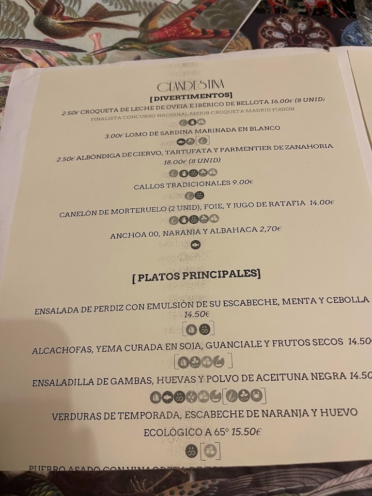 Restaurante La Clandestina — Carta