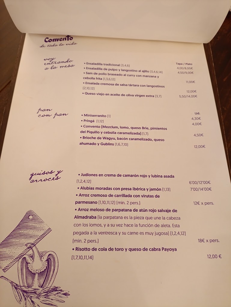 Taberna El Convento 33 — Carta