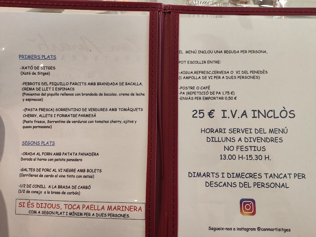RESTAURANT CAN MARTI DE SITGES — Carta