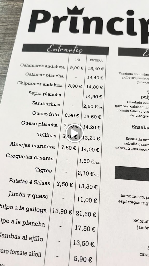 Principe Cafe Bar Cerveceria — Carta