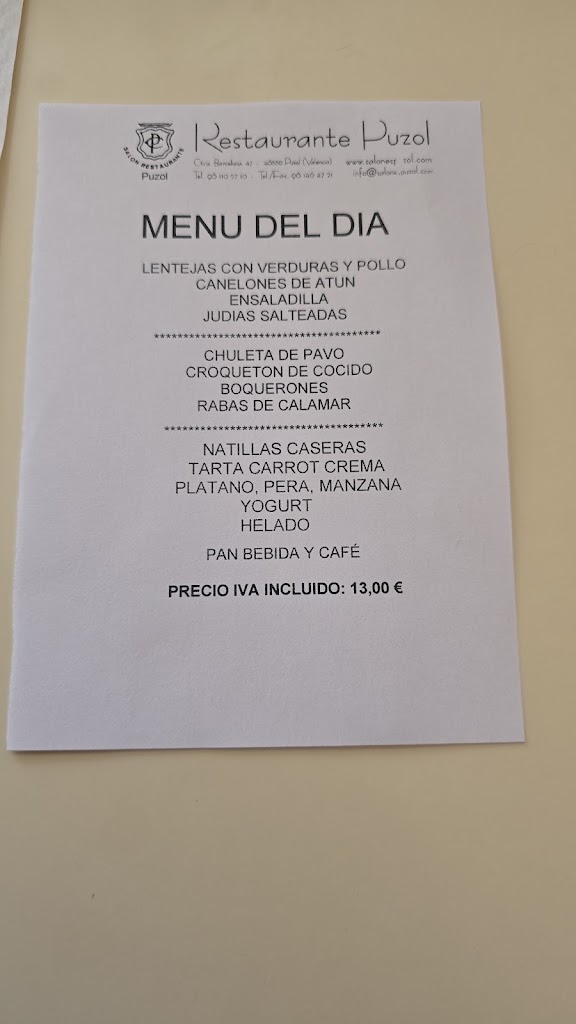 RESTAURANTE PUZOL — Carta