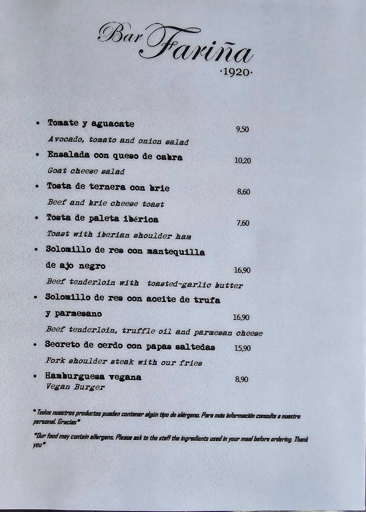 Bar Farina — Carta