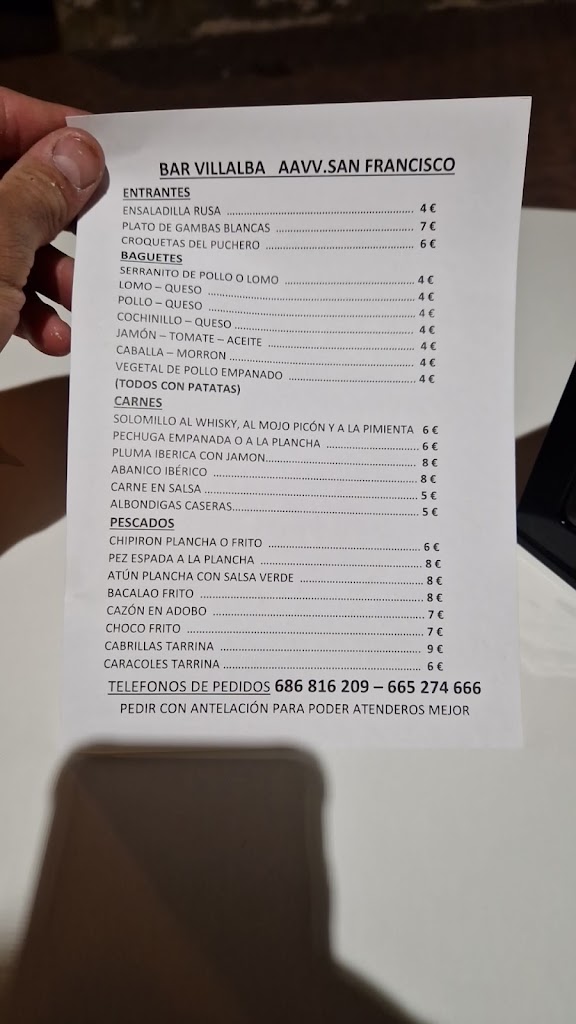 Bar restaurante San Francisco — Carta