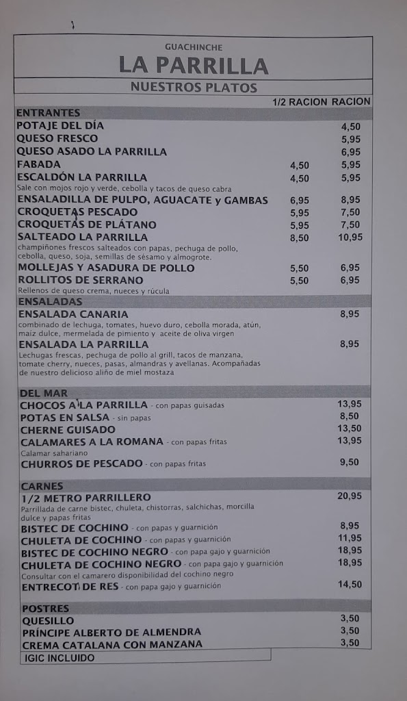 Guachinche La Parrilla — Carta