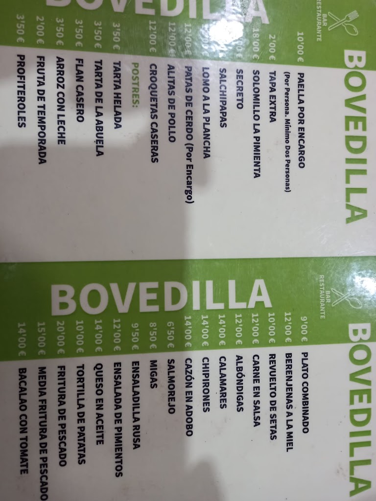 Cafe-Bar Bovedilla Plaza — Carta