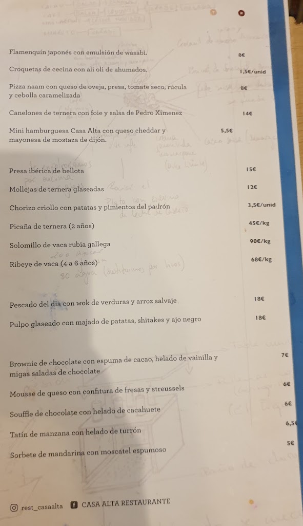 Restaurante Casa Alta — Carta