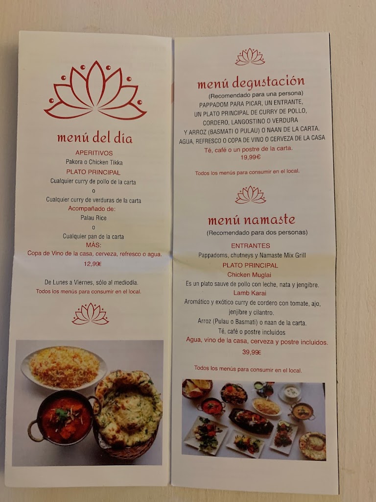 Namaste Restaurante — Carta