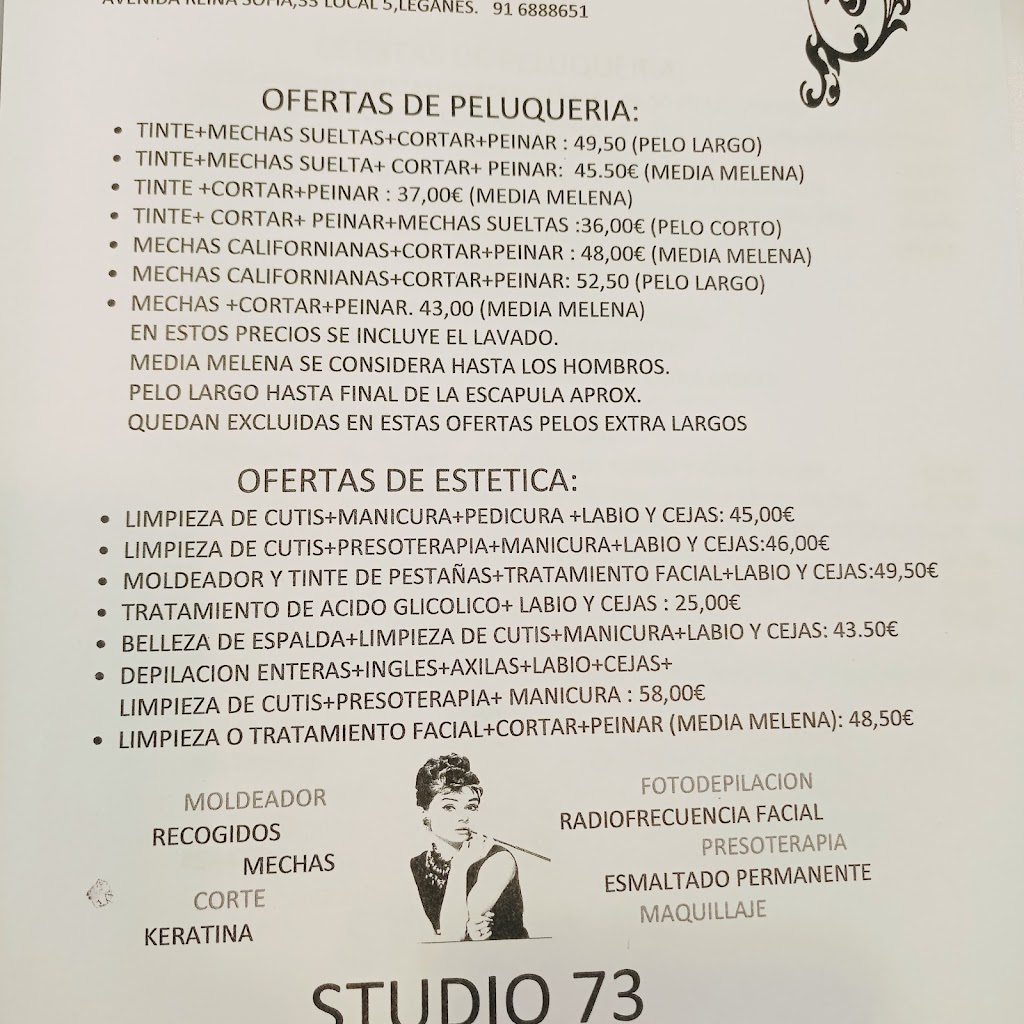 Studio73,peluqueria y estetica — Carta