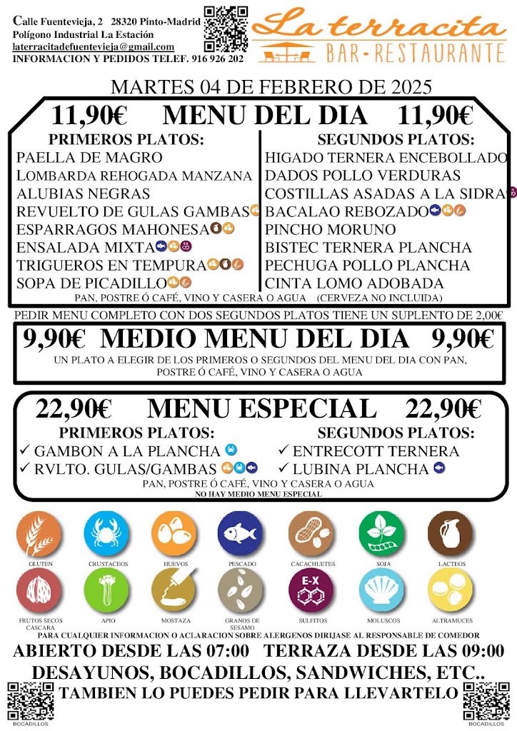 Bar restaurante La Terracita — Carta