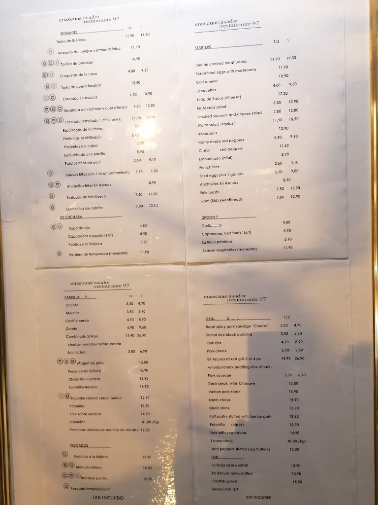 Restaurante En Ascuas — Carta