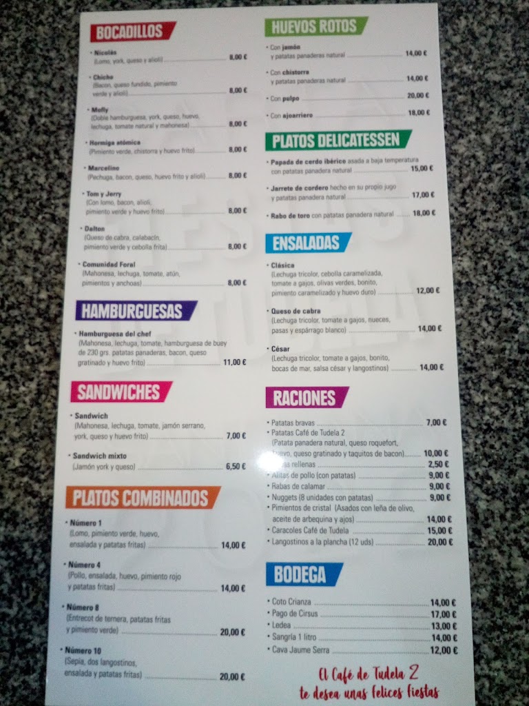 Restaurante El Cafe de Tudela 2 — Carta