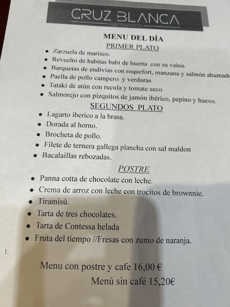 Restaurante Cruz Blanca — Carta