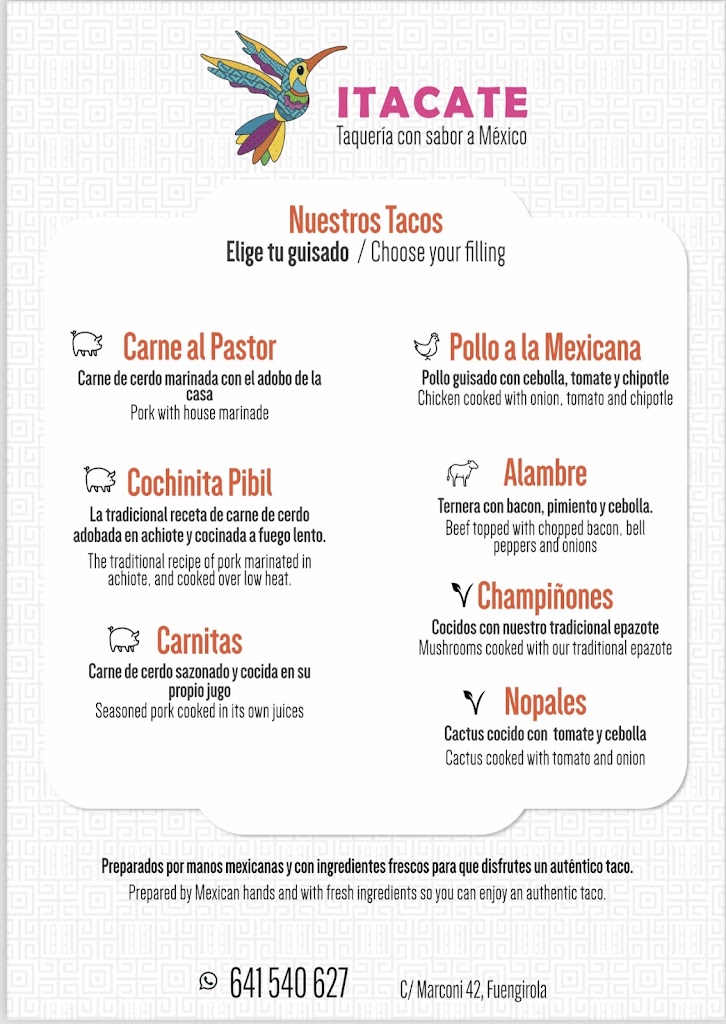 Restaurante Itacate Taqueria Mexicana — Carta