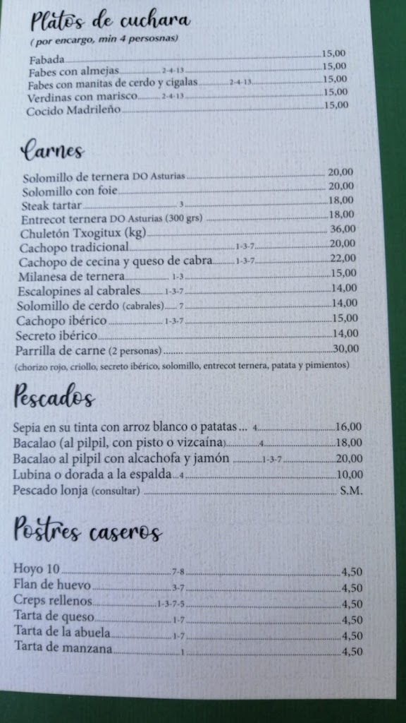 Restaurante Golf Azahar — Carta