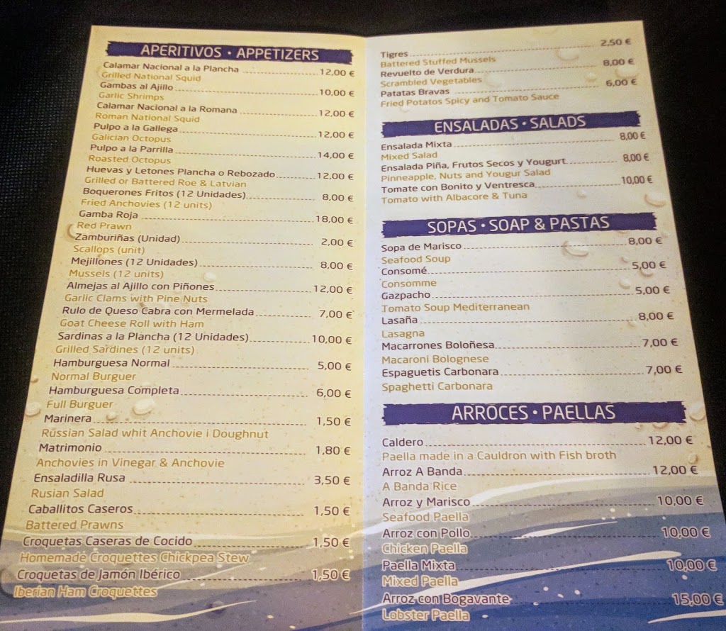 Restaurante A Estribor Beach — Carta
