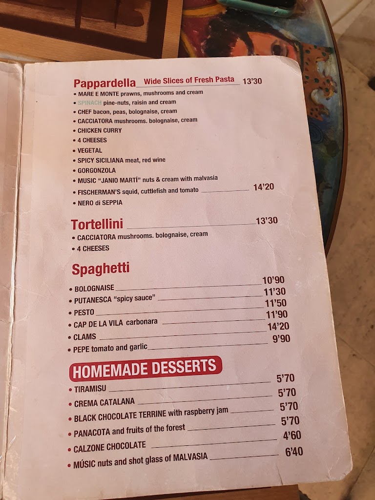 Pizzeria Cap de la Vila — Carta