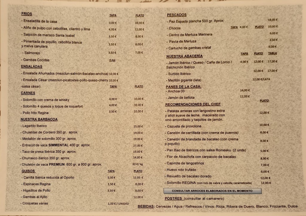 Bar Restaurante Regina — Carta