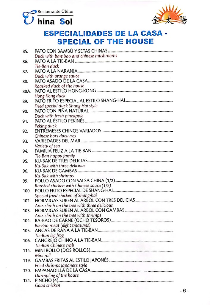 Restaurante China Sol — Carta