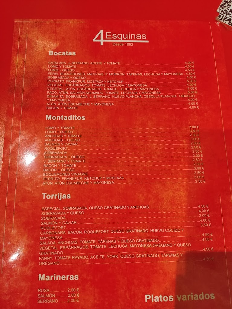 Bar 4 Esquinas — Carta