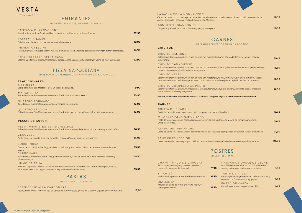 Vesta Restobar & Pizzeria — Carta