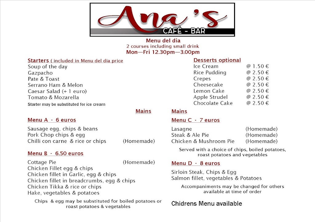 Ana's Cafe Bar — Carta