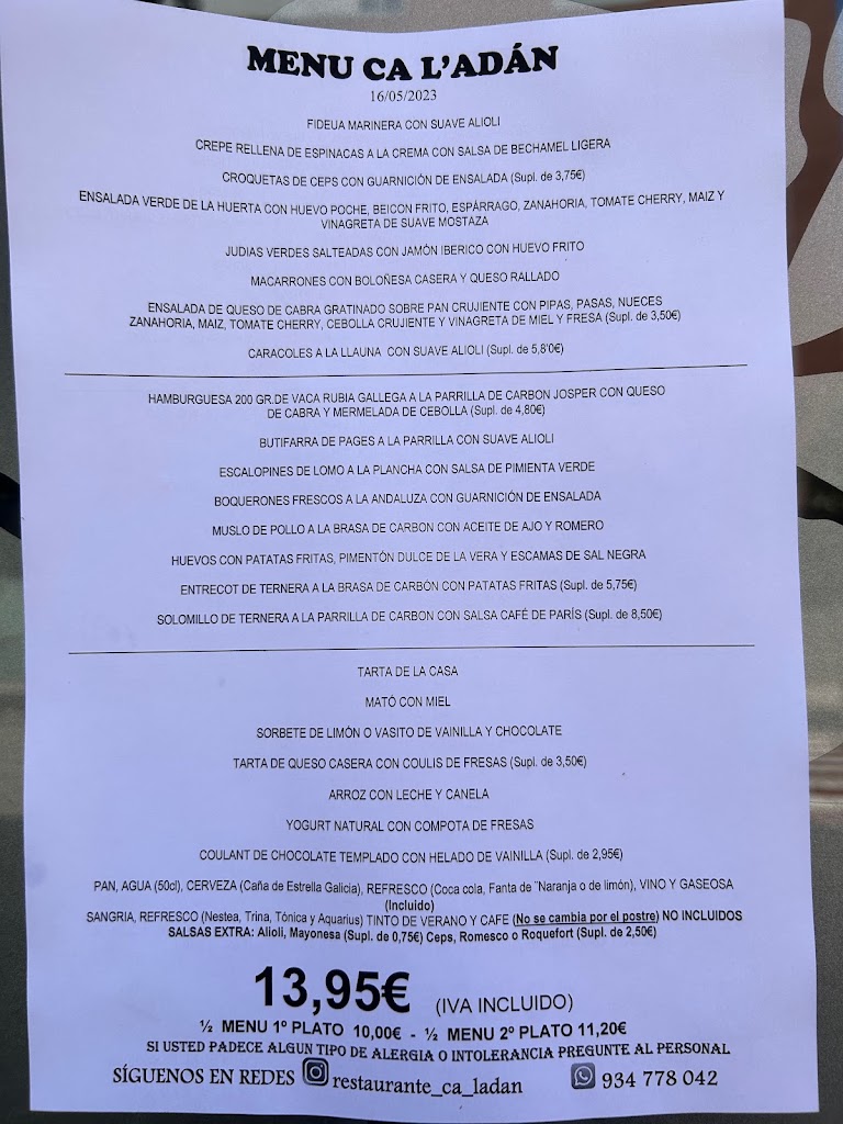 Ca l'Adan Restaurant — Carta
