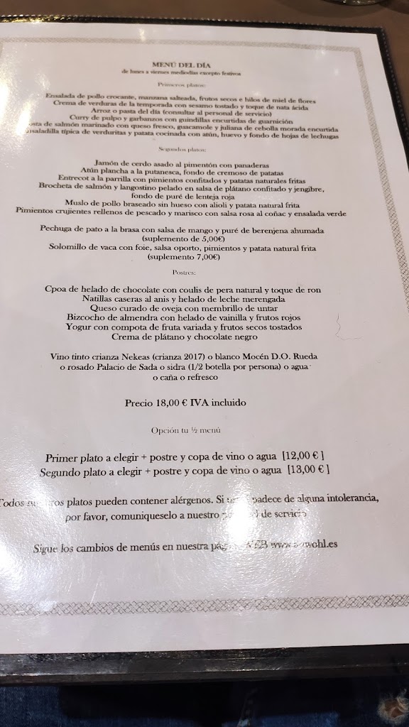 Bar Restaurante Artwohl — Carta