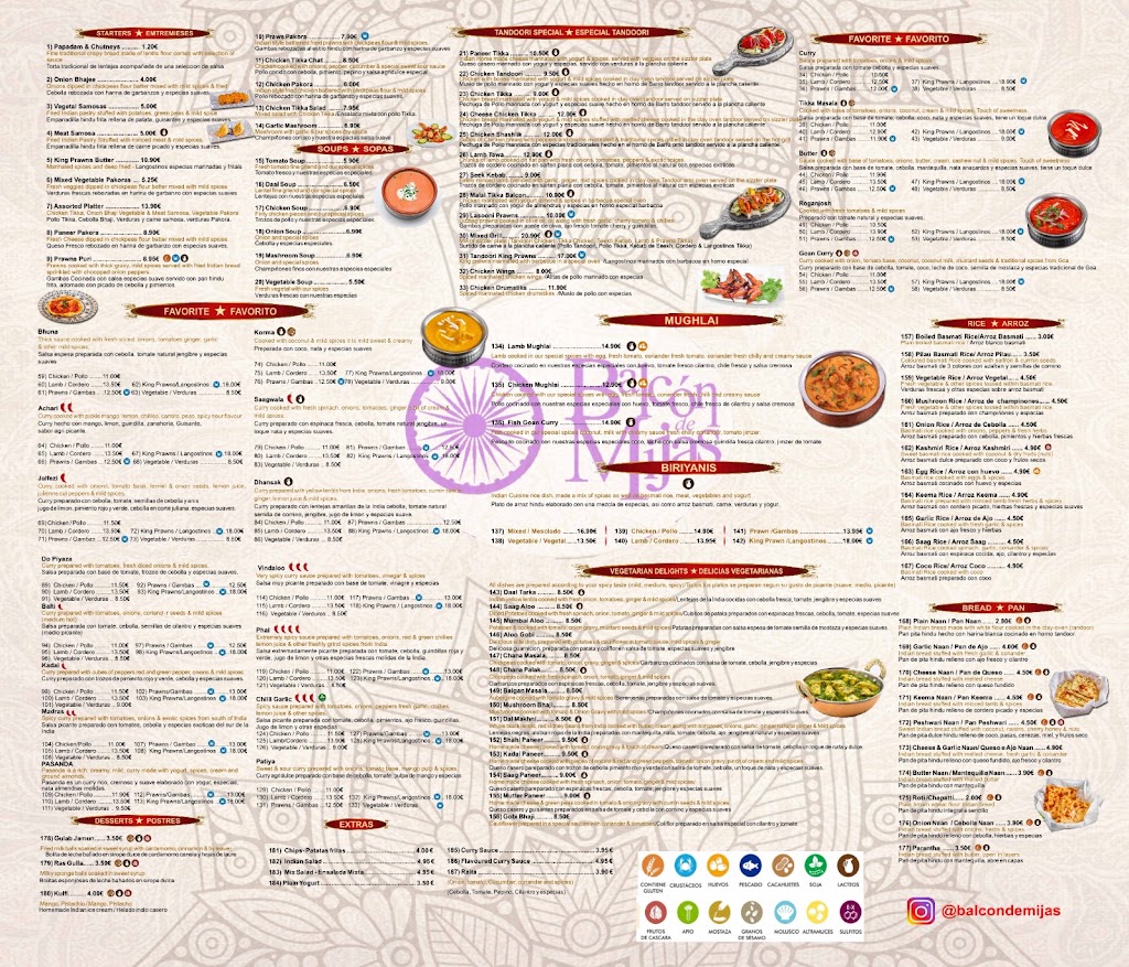 Authentic Indian Restaurant Balcon de Mijas — Carta