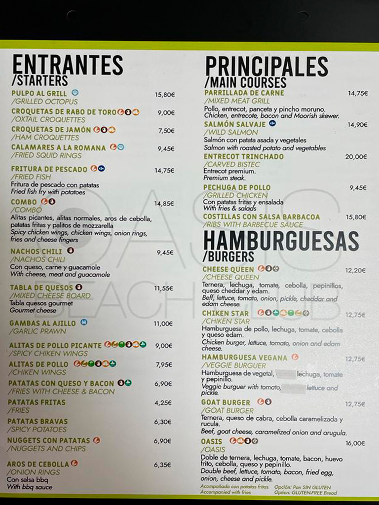 Oasis Beach Club Benidorm — Carta